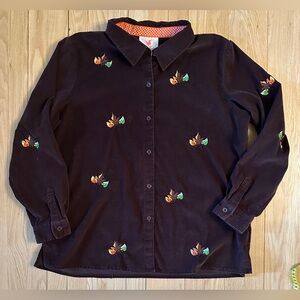 Quacker Factory Brown Corduroy Fall Leaves Button Down Long Sleeved Blouse, XL